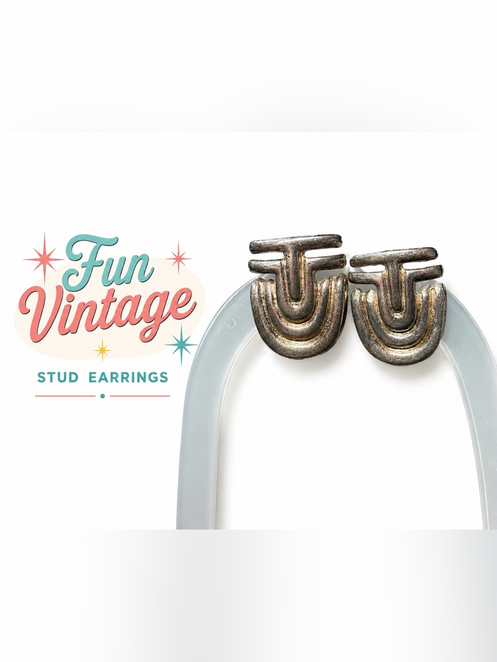 Vintage Silver Tone Geometric Stud Earrings Art Deco Modernist Earrings